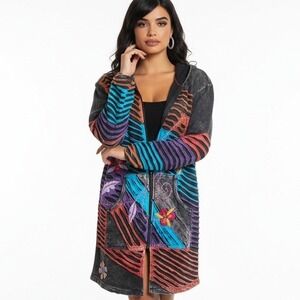 India Boutique M Distressed Patchwork Hooded Zip Jacket Boho Vintage Flair